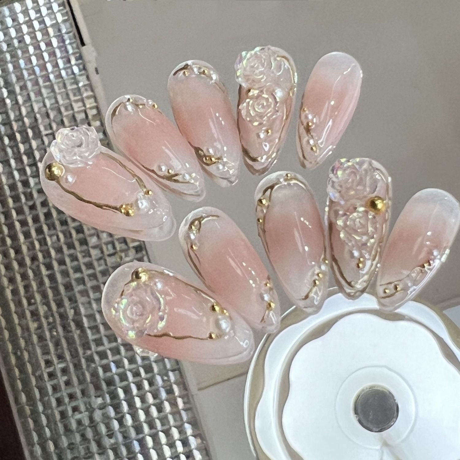 Aura Blush Ombre Press on Nails With 3D Rosa Alba Flower Press - Etsy