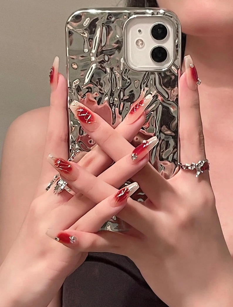 Cherry Red Gold Chrome Aura Nails Y2k Chrome Ombre Press on - Etsy