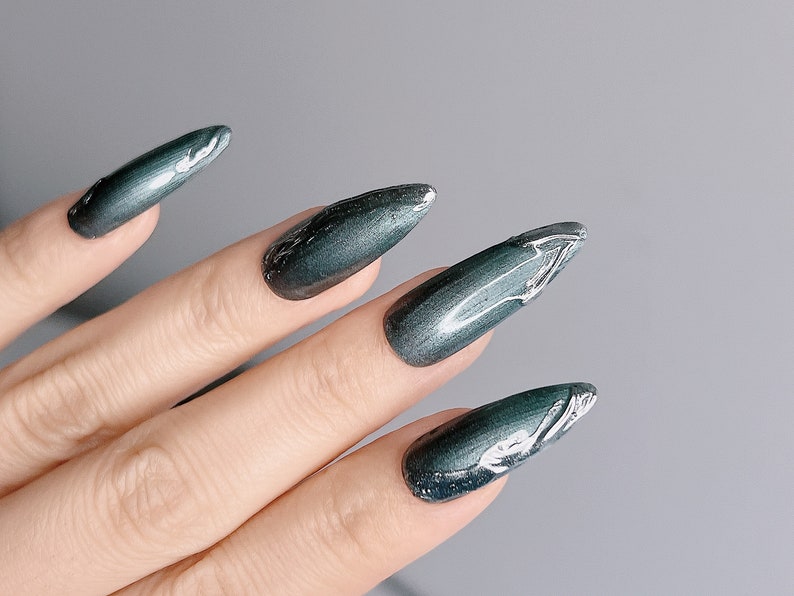 Chrome Drip Nails in Y2k Edgy Galaxy Style Metallic Green Etsy