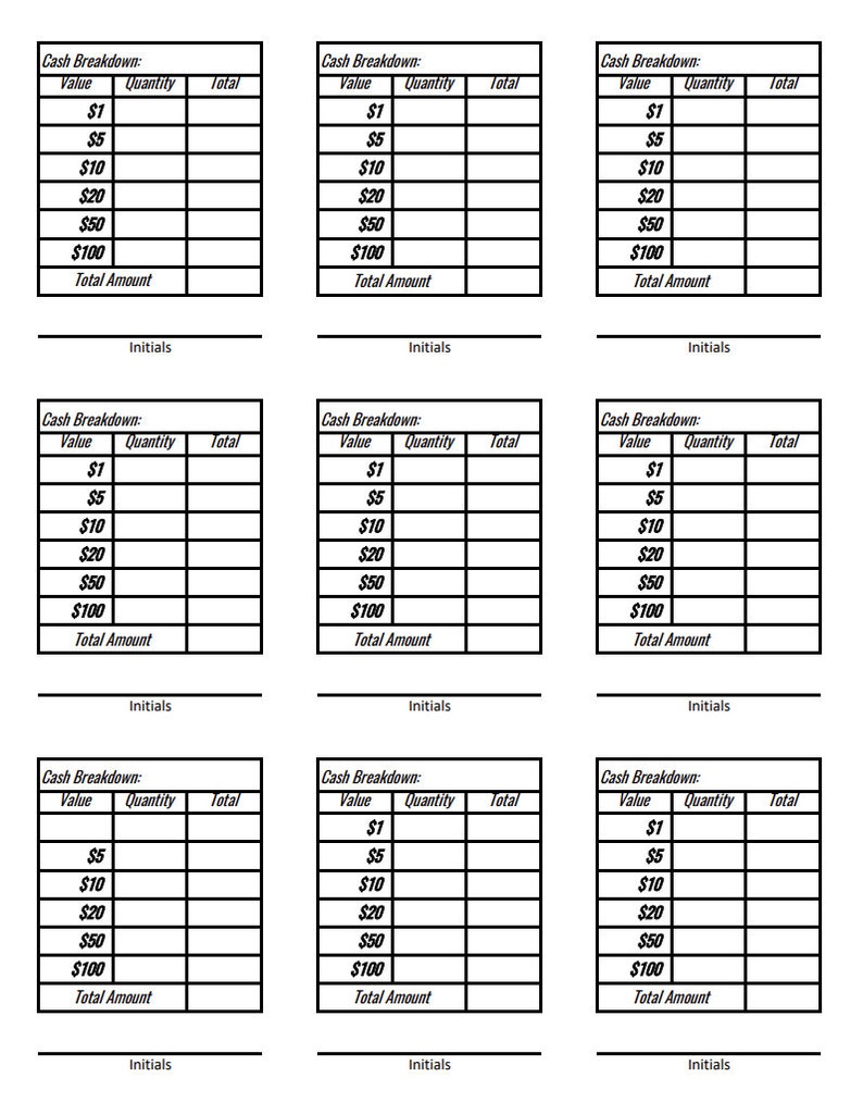 Cash Breakdown Sheet printable - Etsy