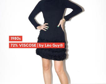 Minivestido negro VINTAGE de los años 90 de Léo Guy (ahora Leo & Ugo) con cuello alto
