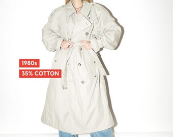 VINTAGE Gray Maxi Trench Coat from 1980s | Oversized Warm Cotton Trench Coat