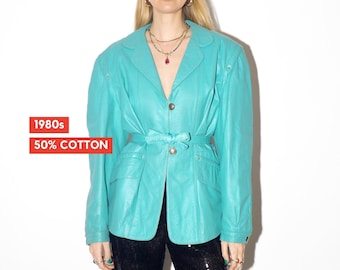 VINTAGE blue leather jacket from 1980s with belt and big shoulder pads by Clan
