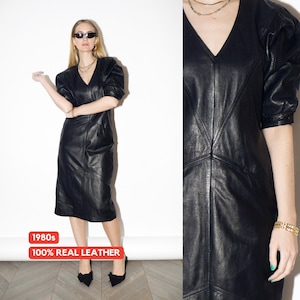 VINTAGE Black Leather Midi Dress from 1980s | Fitted Midi Leather Dress