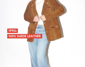 VINTAGE Brown Suede Leather Jacket from 1990s | Folk Style Orange Brown Jacket