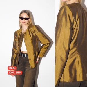 VINTAGE silk blazer in dark gold and olive color, fitted silk blazer from 1980s