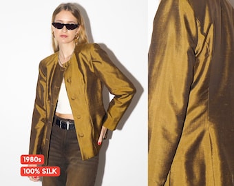 VINTAGE silk blazer in dark gold and olive color, fitted silk blazer from 1980s
