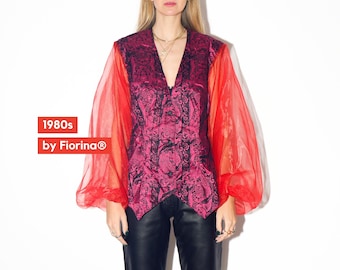 Blusa oversize vintage de terciopelo negro y rosa con mangas rojas transparentes de los años 80 de Fiorina