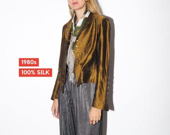 VINTAGE copper light brown 100% silk asymmetrical shirt with metal decorative buttons by MANUELA San Martin® | premium quality retro shirt