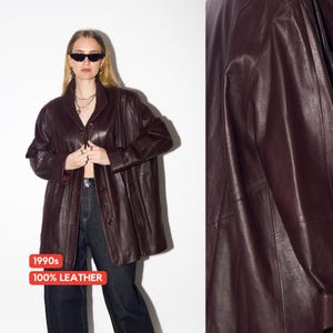 Blouson en cuir bordeaux VINTAGE des années 1990 | Blouson en cuir surdimensionné rouge foncé