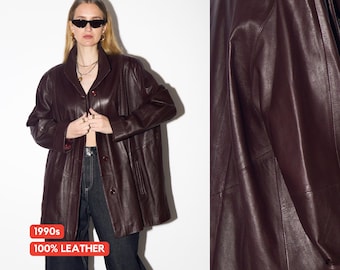 VINTAGE Burgundy Leather Jacket from 1990s | Dark Red Oversize Leather Jacket