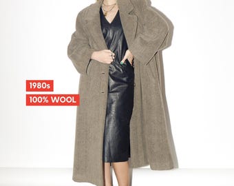 VINTAGE Oversized Wool Coat from 1980s | Beige Herringbone Maxi Coat by Cora