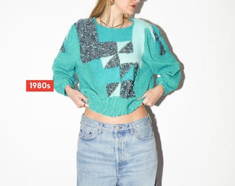 VINTAGE Blue Metallic Sweater from 1980s | Oversized Knit Fluffy Sweater