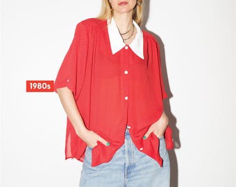 VINTAGE Red Polka Dot Blouse from 1980s | Oversized Short Sleeve Retro Shirt
