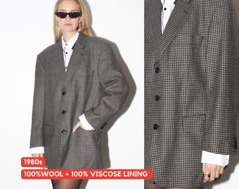 VINTAGE blazer 100% lana 1980s de Strellson® / blazer de pura lana nueva / blazer dogtooth negro y beige / blazer vintage de lana de gran tamaño
