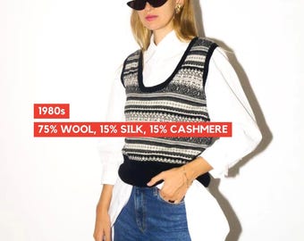 VINTAGE väst i ull, siden och kashmir | pulloverväst med svartvitt tröjmönster | oversize | stickad väst | kashmirväst | modopol