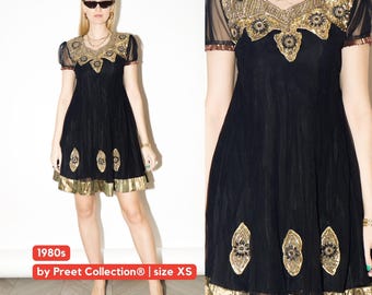 VINTAGE Black Tulle Mini Dress with Gold Embroidery | vintage Preet Collection