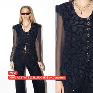 VINTAGE black blouse from 1980s with elegant sheer long sleeves & velvet pattern