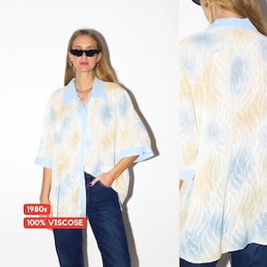 VINTAGE Kurzarm Oversize 100% Viskose Hemd 1980er Jahre | unisex blau-gelbes Vintage Hemd | Supereinzigartiges Retro Shirt