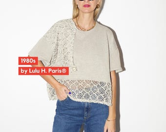 VINTAGE Lulu Paris sweater 1980s | beige crop oversize sweater | stylish short sleeve khaki sweater with openwork details