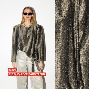 VINTAGE Gold Metallic Blouse from 1980s | Bow Detail & Big Shoulder Pads Blouse