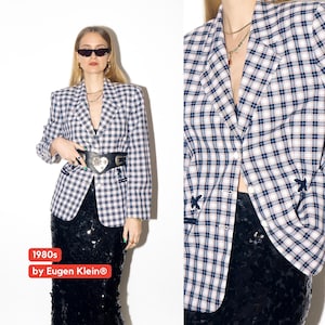 VINTAGE check blazer from 1980s in navy, white and red check by Eugen Klein