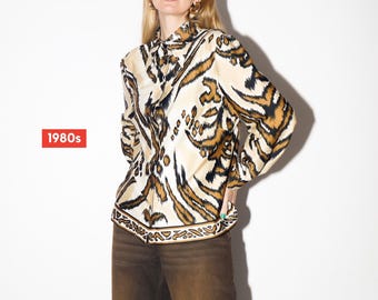VINTAGE Beige & Brown Animal Print Blouse from 1980s | Vintage Tiger Print Shirt