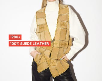 VINTAGE Beige Suede Vest from 1980s | Caramel Suede Leather Long Vest