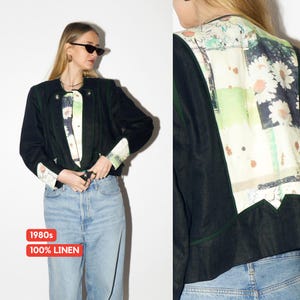 VINTAGE Navy Linen Blazer from 1980s | Cropped Folk Blazer by Studio Umberto