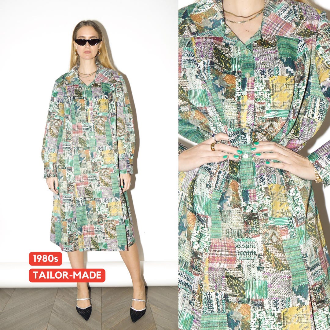 Vintage Aqua Green Printed Midi Dress S