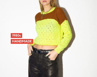 VINTAGE Neon Yellow Hand Knit Sweater from 1980s | Chunky Oversized Sweater