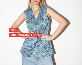 VINTAGE Blue Metallic and Gold Vest from 1980s | Elegant Embroidery Waistcoat