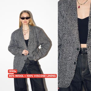 VINTAGE wool herringbone oversize blazer from 1990s in black and white