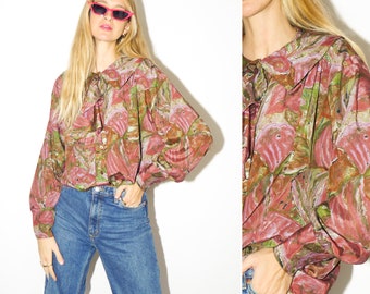 VINTAGE blouse 80s in floral pattern | pink and green shirt | retro shirt | 80s shirt | oversize fit from XS to XL