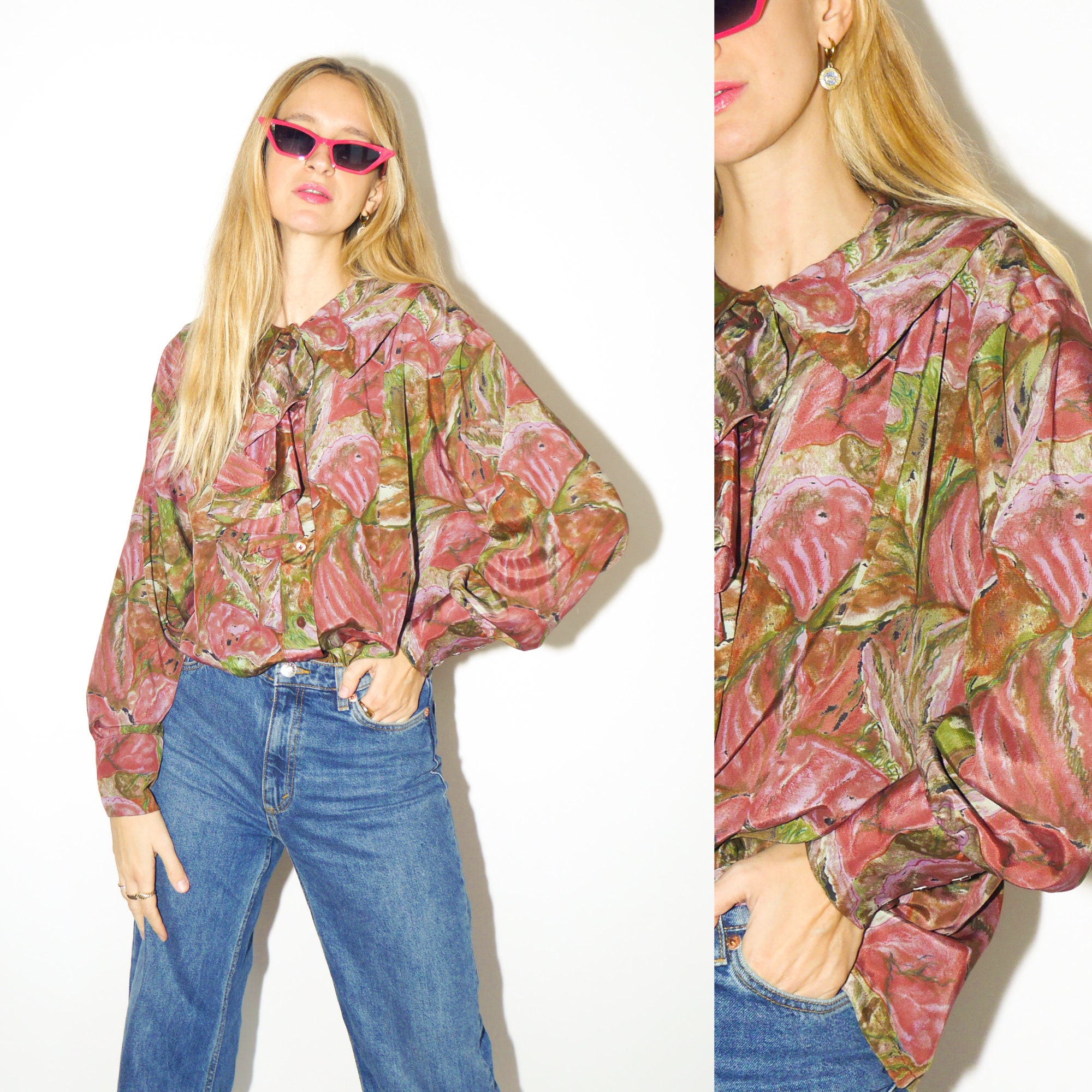 VINTAGE Blouse 80s in Floral Pattern Pink and Green Shirt VINTAGE Blouse 80s in Floral Pattern Pink and Green Shirt