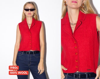 VINTAGE red 100% wool womens sleeveless polo shirt/vest  from 1980s by Geiger with small metal logo label | premium quality red vest