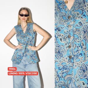 VINTAGE Blue Metallic and Gold Vest from 1980s | Elegant Embroidery Waistcoat