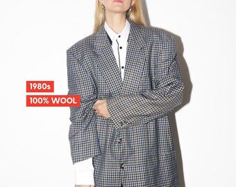 VINTAGE 100% wool blazer 1980s | Peek & Cloppenburg vintage grey checked blazer | oversized retro blazer | pure new wool blazer