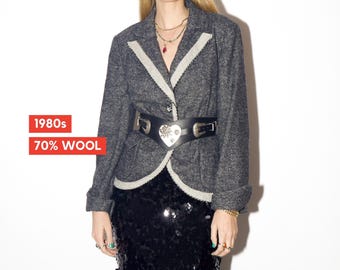 Blazer de lana vintage de los años 80 en tejido cálido gris jaspeado de dos tonos de BiBA