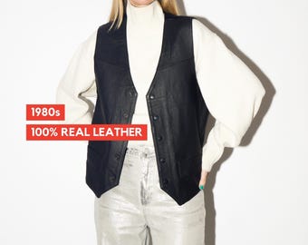 VINTAGE Black Leather Vest from 1980s | Premium Vintage Leather Waistcoat