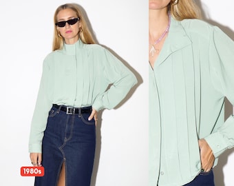 VINTAGE pastel green womens blouse with a stand-up collar and pleats at the front from 1980s | retro style