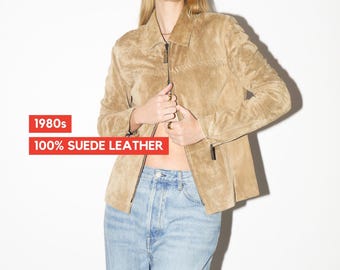 Giacca in pelle scamosciata beige VINTAGE degli anni '80 / Giacca in pelle con doppia cerniera Betty Barkley