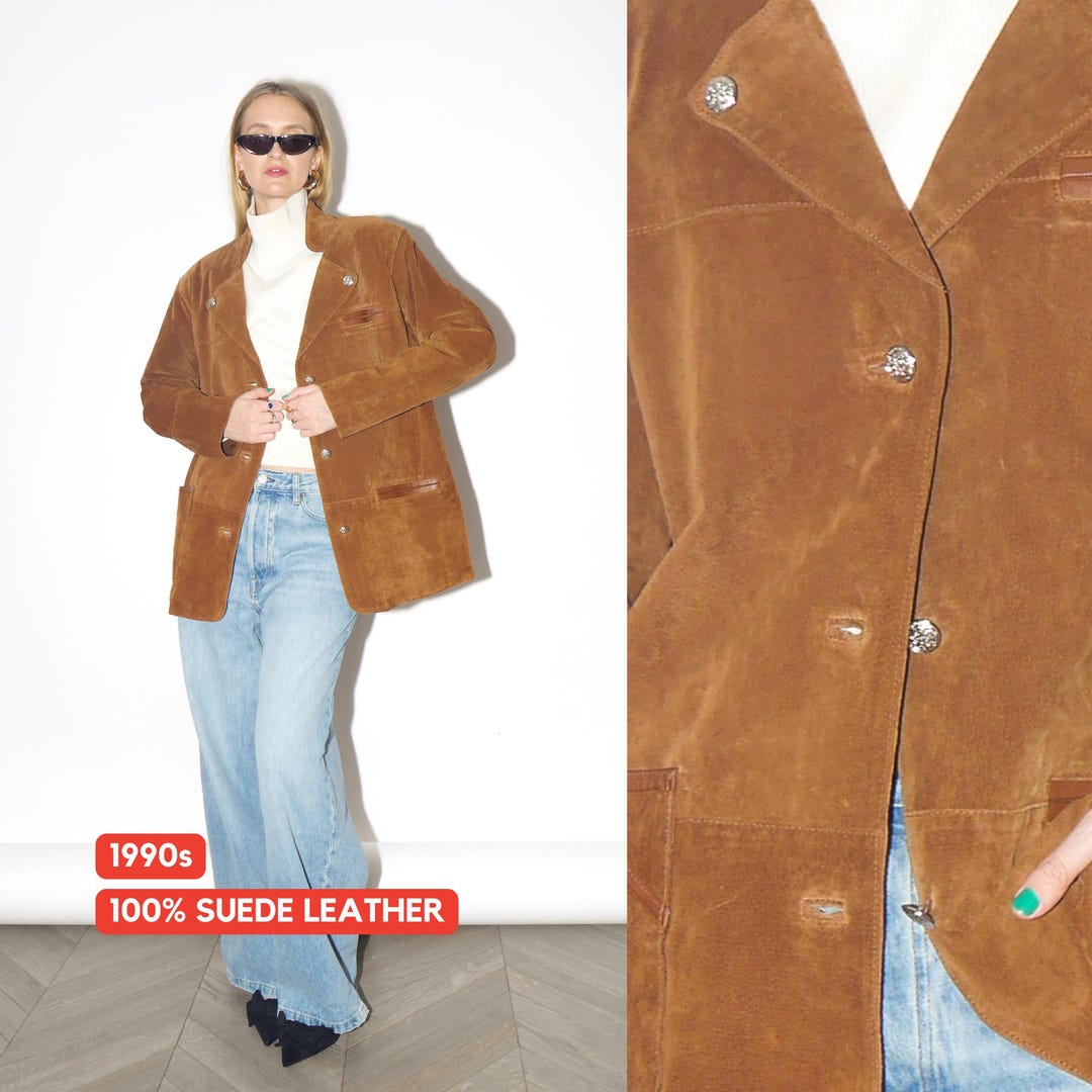 Vintage Black Suede Jacket Colorful Kite Appliqué Oversize Leather Coat 90s