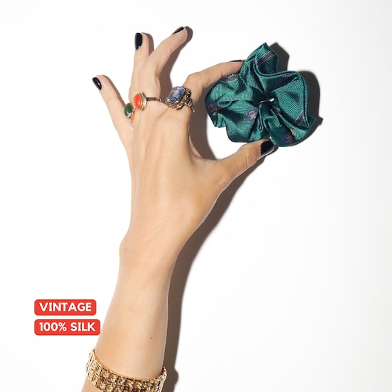 Handmade 100% Silk Scrunchie from Vintage 1980s Tie by MODOPOL - Green in Red Stripes by Van Gils