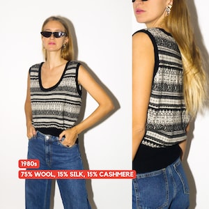 VINTAGE wool, silk & cashmere vest | pullover vest in black and white sweater pattern | oversize | knitted vest | cashmere vest | modopol