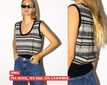 VINTAGE vest van wol, zijde en kasjmier | Pullovervest in zwart-wit truipatroon | oversized | Gebreid vest | kasjmier hemd | modipol