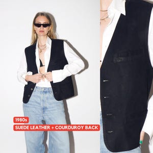 VINTAGE Black Suede & Corduroy Vest from 1980s | Retro Leather Waistcoat