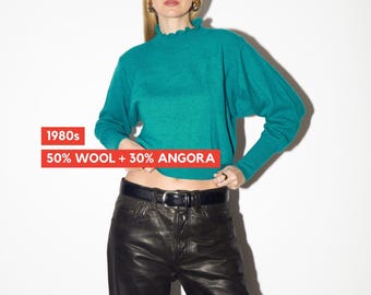 VINTAGE Wool and Angora Green Sweater from 1980s | Turtleneck Retro Warm Sweater
