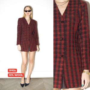 VINTAGE Red & Black Checked Wool Blazer from 1990s | Long Blazer Shoulder Pads
