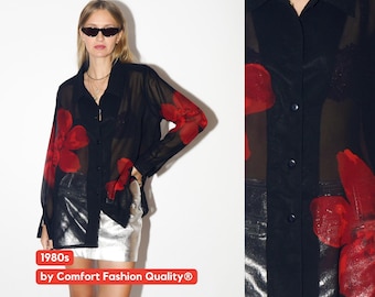 Czarna bluzka w stylu vintage z nadrukiem w czerwone kwiaty z lat 80. z poduszkami na ramionach marki Comfort Fashion Quality